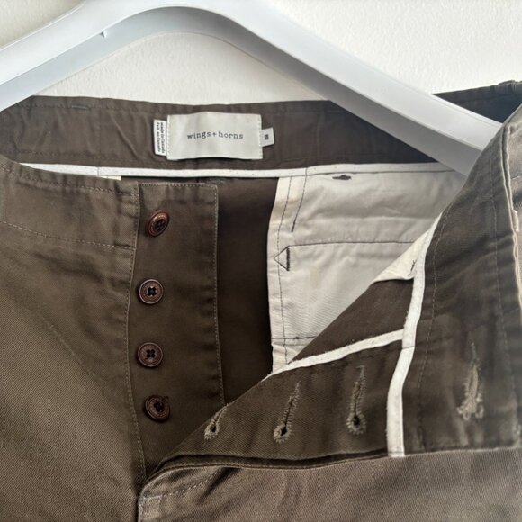 $260 Wings + Horns 5 Pocket Button Fly Olive Green Chinos/ Pants - 32 x 27.5 - Picture 9 of 10